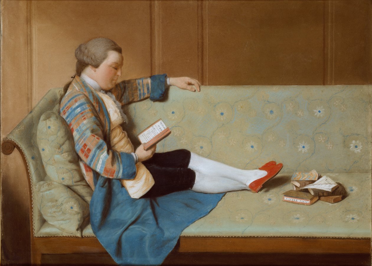 Porträtt av en man liggande på en soffa, läsning, mitten av 1700-talet. av Francois Xavier Vispre