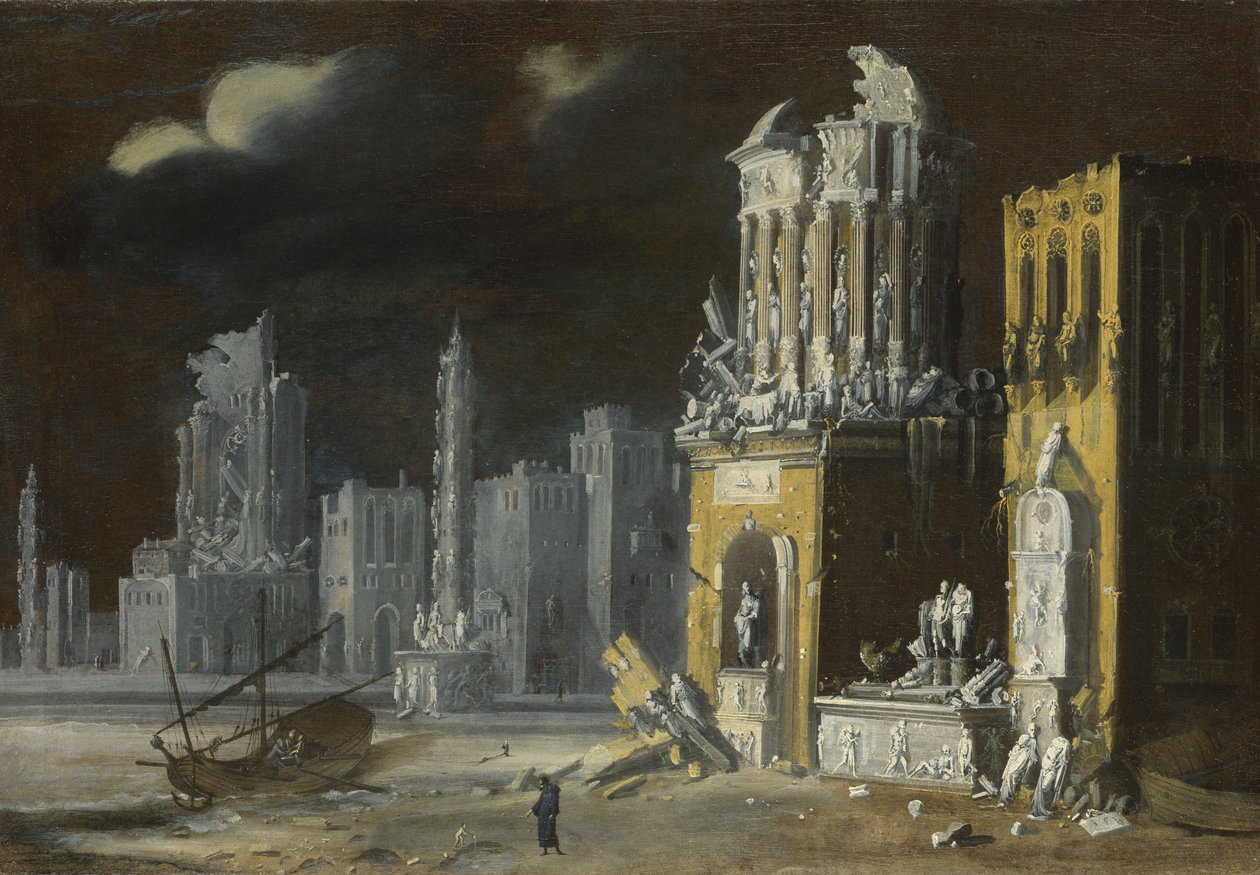 Fantastiska ruiner med Saint Augustine och barnet, 1623 av Francois de Nome