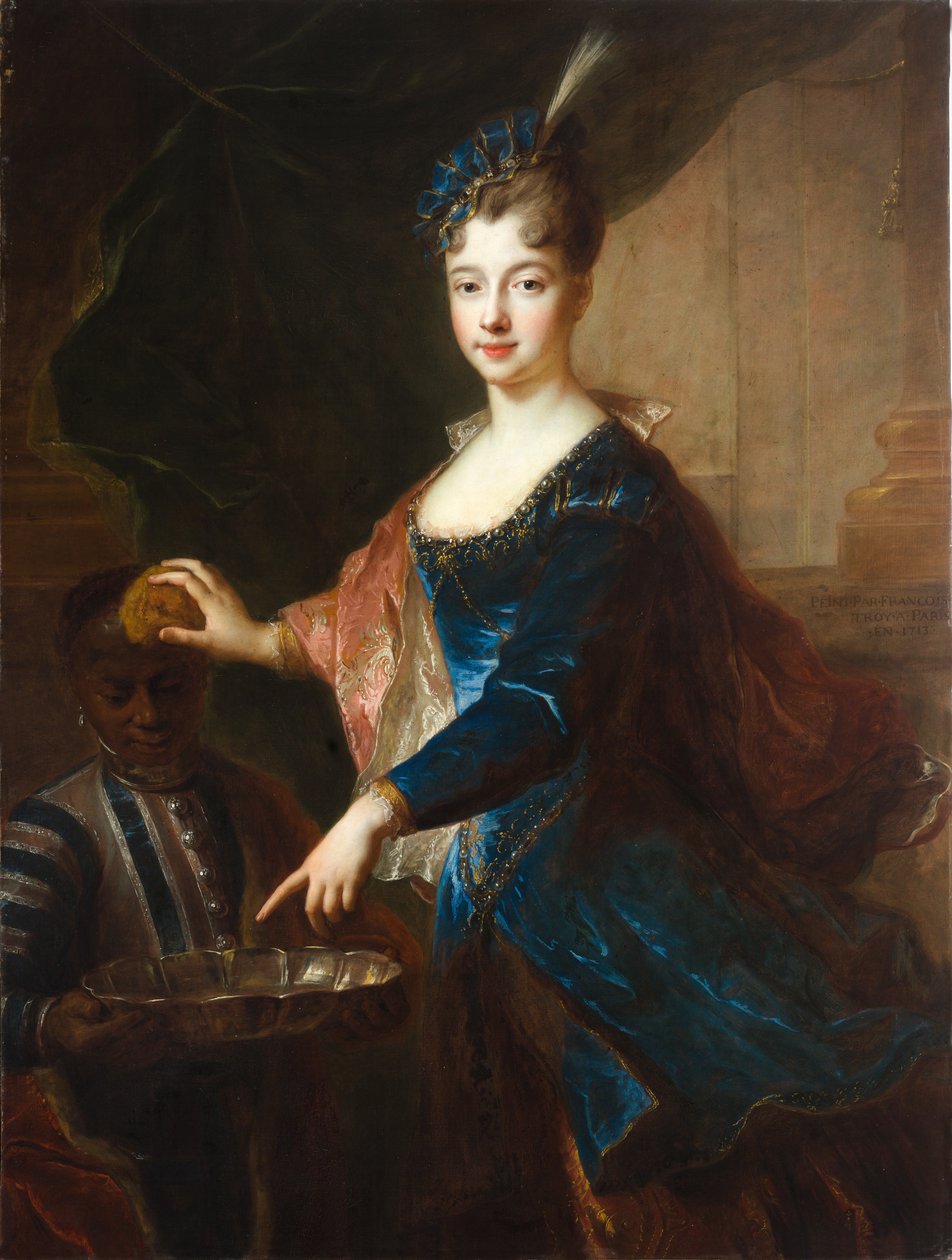 Dam med mörkhårig page av Francois de Troy