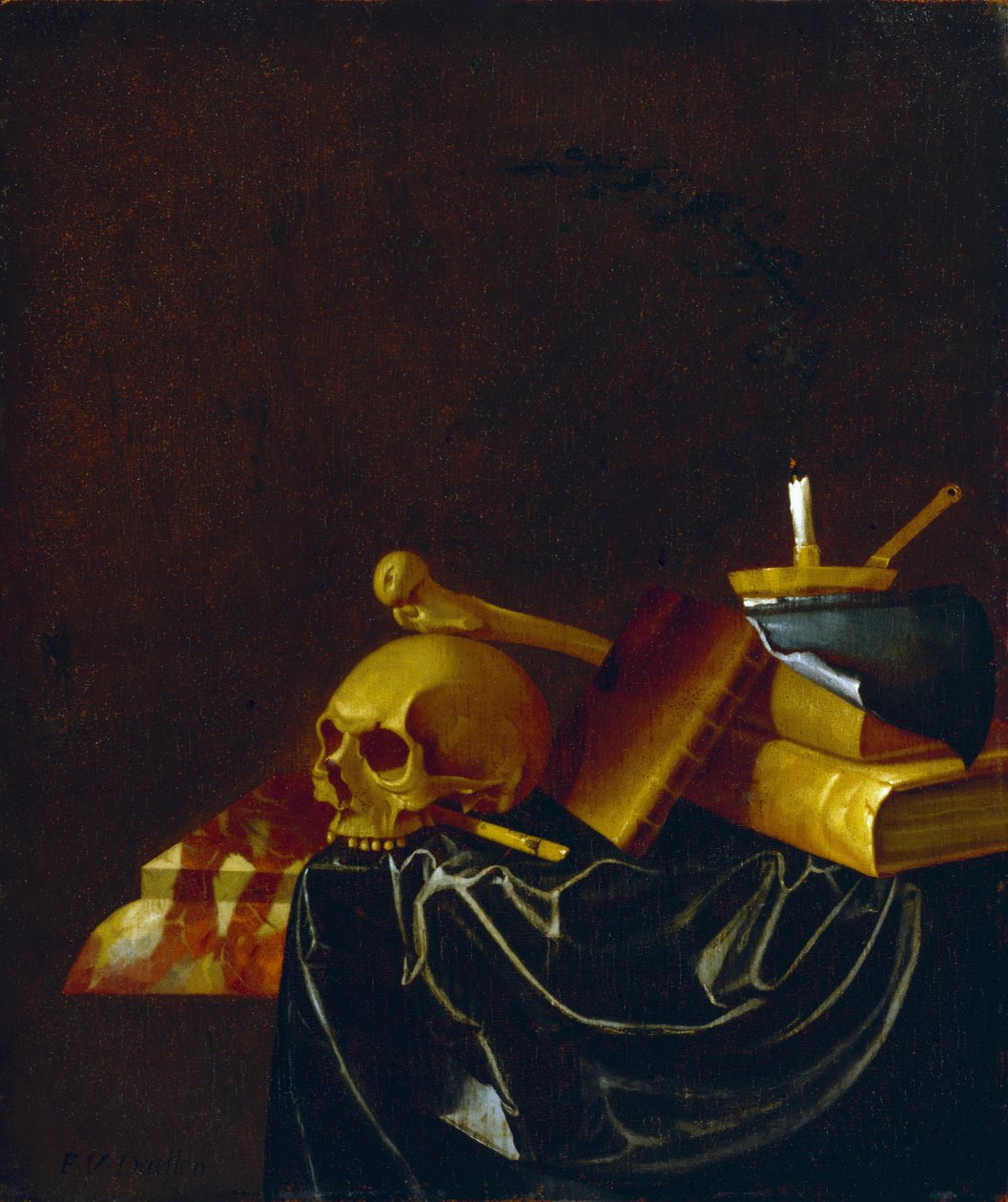 Vanitas, 1692 (olja på ekpanel) av Francois van Daellen
