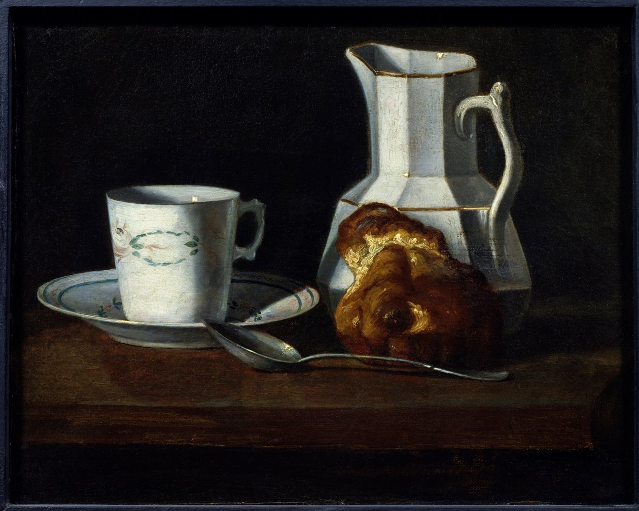 Stilleben en brioche Mugg, kanna med mjölk och brioche. Målning av Francoise Bourin (1817-1887) Roanne från 1800-talet, musée Joseph Dechelette. – Stilll-life, en tårtmugg, mjölkkanna och brioche. Målning av Francoise Bourin (1817-1887) av Francoise Bourin