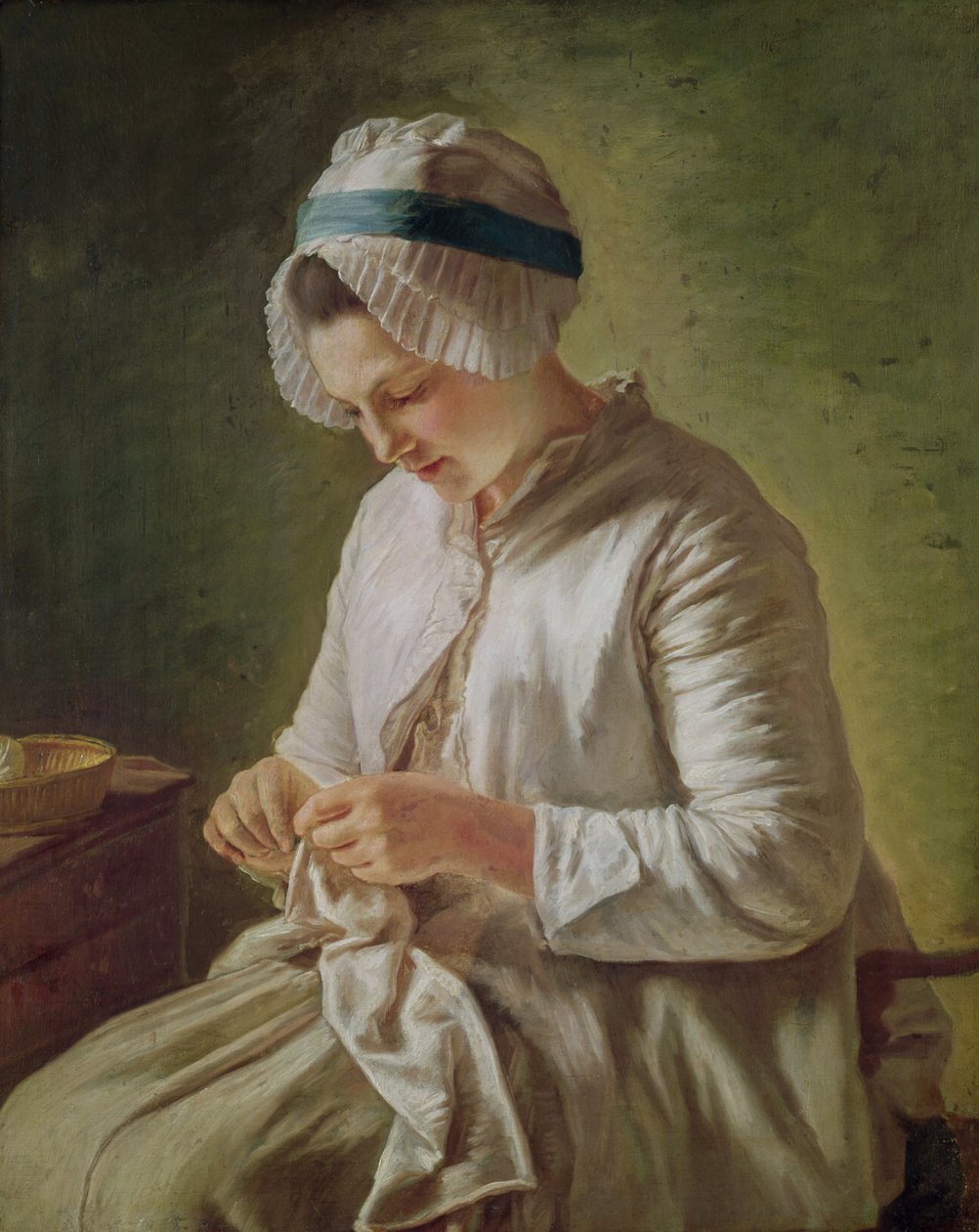 Sömmerskan eller ung kvinna som arbetar (olja på duk) av Francoise Duparc