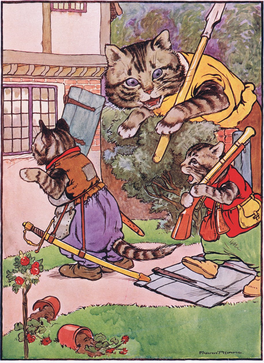 En katt med sina kattungar kryper fram till huset, illustration från "The Frog would a Wooing Go", av Charles H. Bennett, 1916 av Frank Adams
