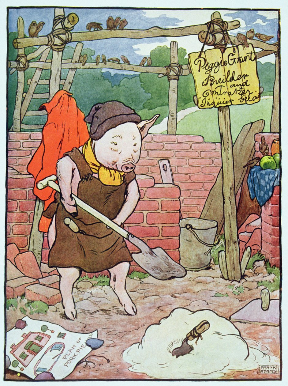 "Och den lilla grisen byggde ett hus av tegelstenar", illustration från "De tre små grisarna", publicerad på 1930-talet. av Frank Adams