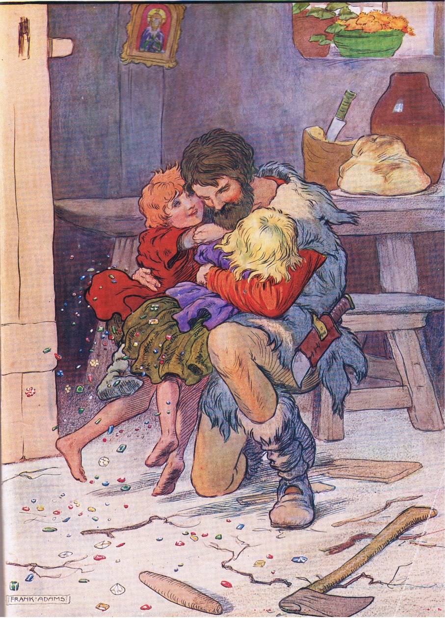 När de öppnade dörren kastade de sig i sin fars famn, från Hansel and Gretel publicerad av Blackie & Son Limited, ca 1940 av Frank Adams