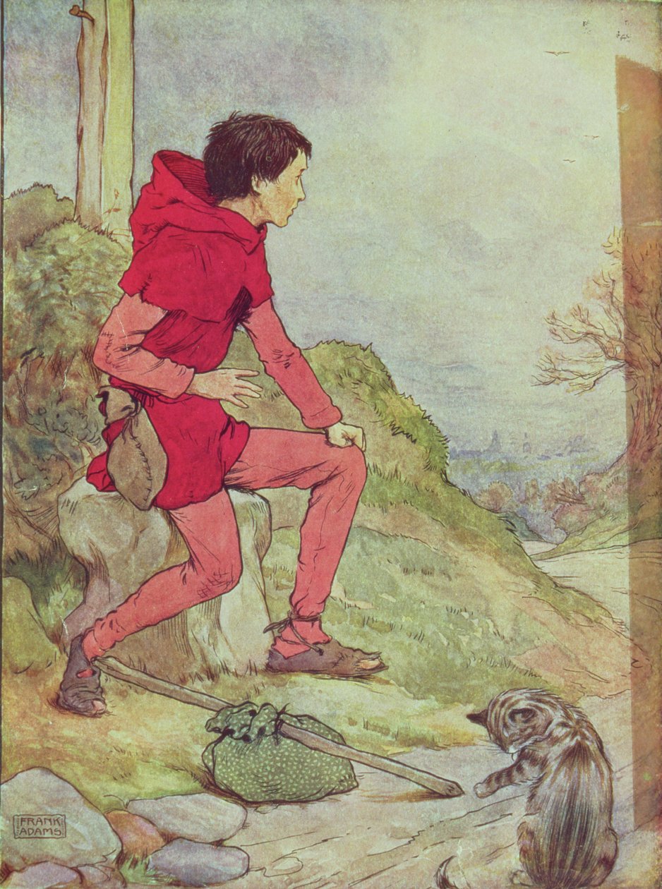 Dick Whittington på väg till London från "My Nursery Story Book", pub. av Blackie und Son (bokillustration) av Frank Adams