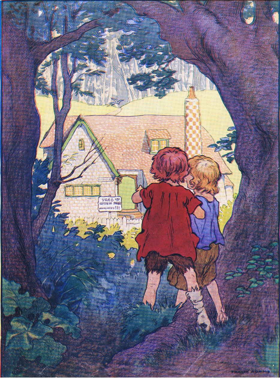 Mitt i skogen stod ett underbart vitt hus, från Hansel and Gretel publicerad av Blackie & Son Limited, ca 1940 av Frank Adams