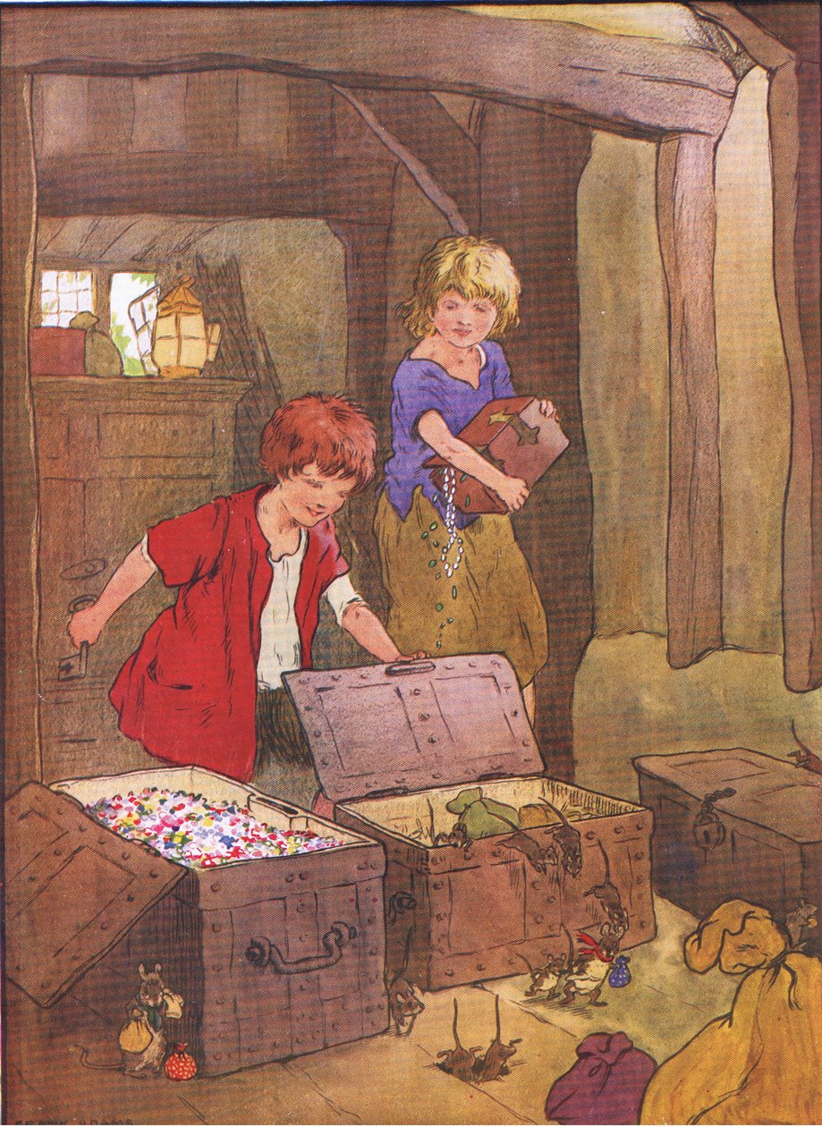 När de öppnade kistorna fann de dem fulla av underbara ädelstenar, juveler och diamanter, från Hansel and Gretel publicerad av Blackie & Son Limited, ca 1940 av Frank Adams