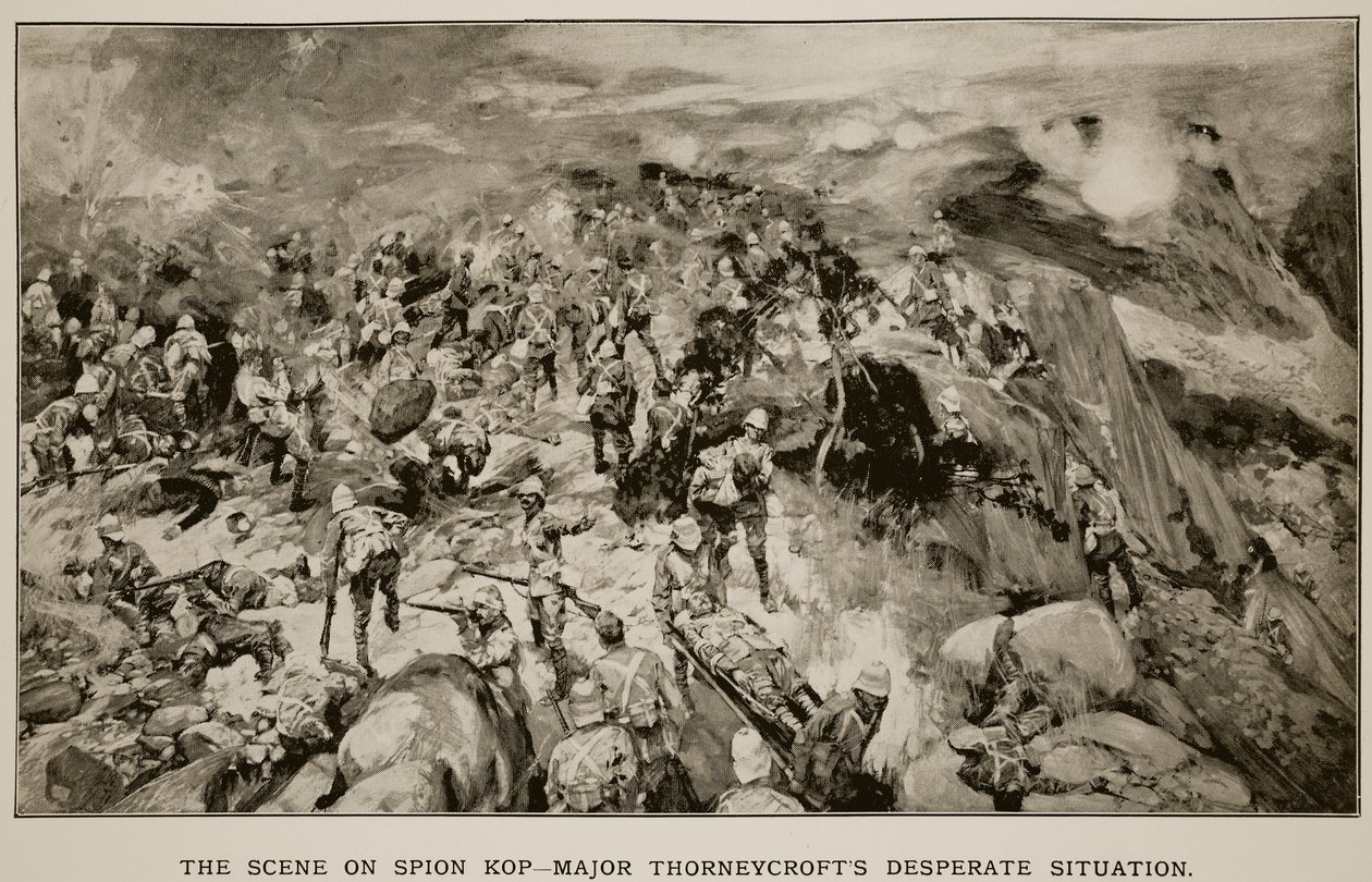 Scenen på Spion Kop: Major Thorneycrofts Desperate Situation, från en sketch av en brittisk officer av Frank Craig