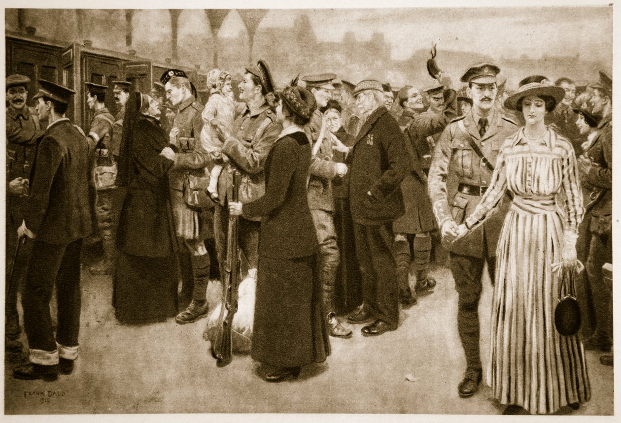 Avskedets ögonblick: En rörande scen på Victoria Station under krigstid, 1915. av Frank Dadd