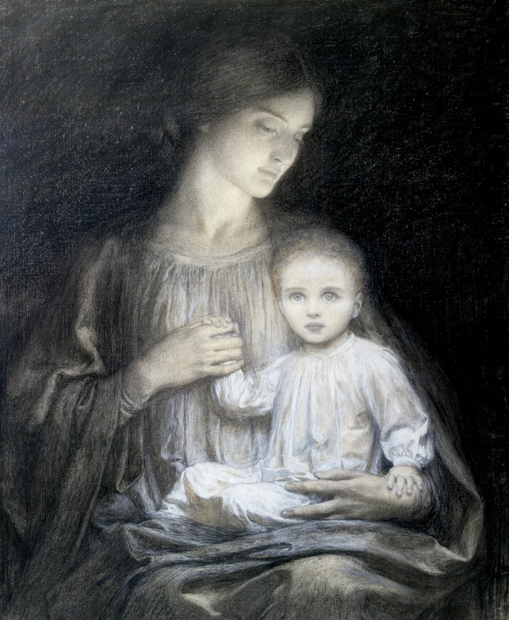 Mor och barn, ca 1920 (blyerts, gouache och träkol) av Frank Dicksee