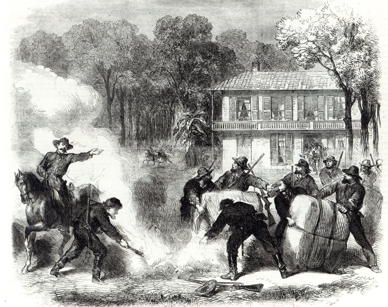 Konfedererade bomullsbrännare nära Memphis överraskade av federala scouter under det amerikanska inbördeskriget, 1862 av Frank Vizetelly