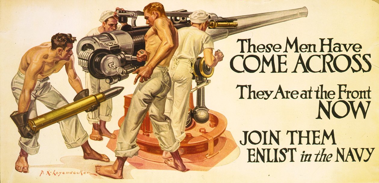 Dessa män har stött på, de är längst fram nu. Gå med dem - ta värvning i flottan, ca 1918 (litografi) av Frank Xavier Leyendecker