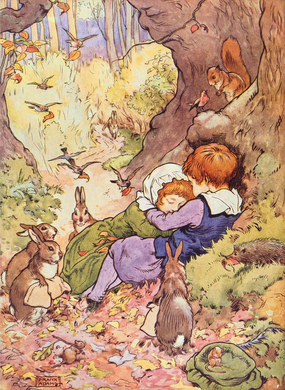 Babes in the Wood från My Nursery Story Book, pub. av Blackie & Son (bokillustration) av Frank Adams