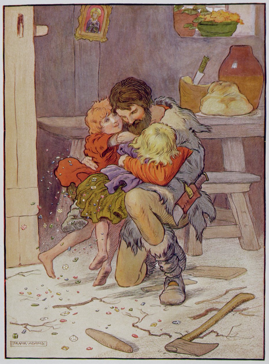 Hansel och Gretel återvänder, illustration från "The Beautiful Book of Nursery Rhymes, Stories and Pictures", av Frank Adams, utgiven av Blackie und Son av Frank Adams
