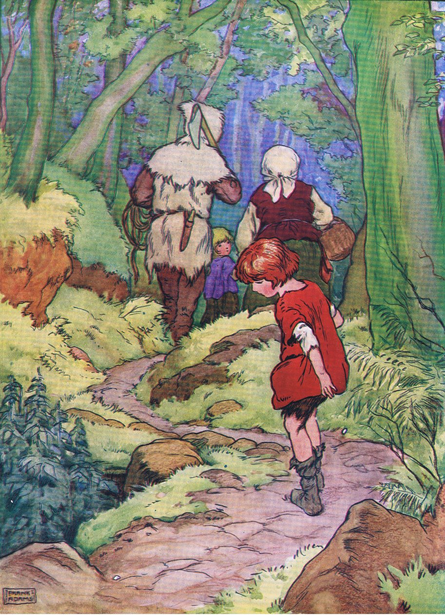 Hansel slutade och varje gång han tappade en vit sten, från Hansel and Gretel publicerad av Blackie & Son Limited, ca 1940 av Frank Adams
