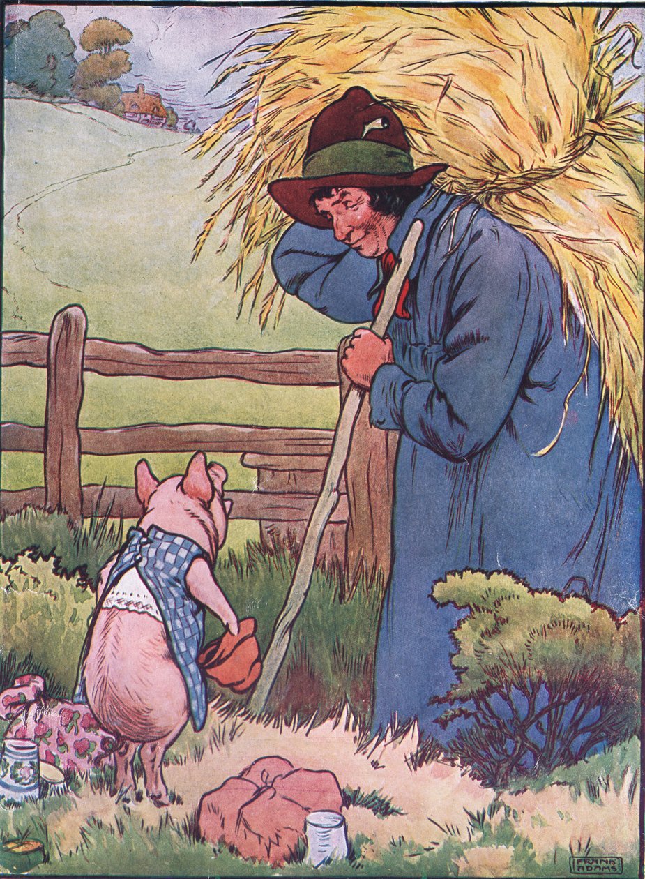"Om ni vill, herrn", sade han, "kan ni ge mig halmen att bygga ett hus med?", illustration från "De tre små grisarna", publicerad på 1930-talet (litografi i färg). av Frank Adams