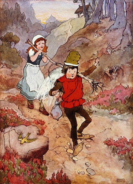 Jack och Jill, illustration från "The Beautiful Book of Nursery Rhymes, Stories and Pictures", av Frank Adams, publicerad av Blackie & Son (färg litho) av Frank Adams