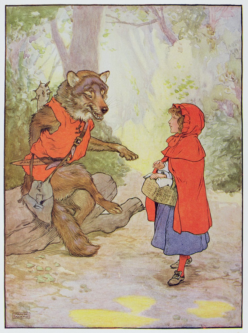 Rödluvan och vargen, illustration från "The Beautiful Book of Nursery Rhymes, Stories and Pictures", av Frank Adams, utgiven av Blackie and Son av Frank Adams