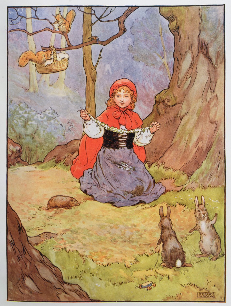 Rödluvan, illustration från "The Beautiful Book of Nursery Rhymes, Stories and Pictures", av Frank Adams, utgiven av Blackie and Son av Frank Adams