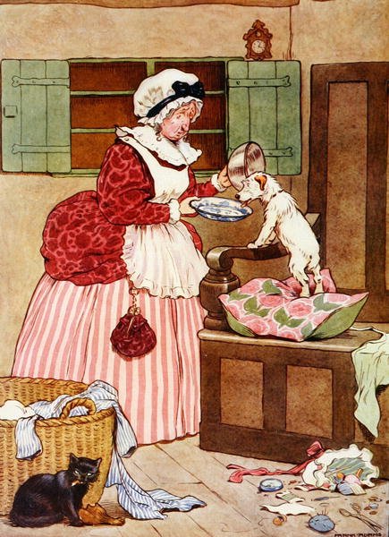 Old Mother Hubbard, illustration från "The Beautiful Book of Nursery Rhymes, Stories and Pictures", av Frank Adams, utgiven av Blackie & Son (färg litho) av Frank Adams