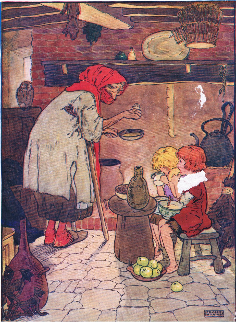 Hon ledde in dem och gav dem en vacker middag, från Hansel and Gretel publicerad av Blackie & Son Limited, ca 1940 av Frank Adams
