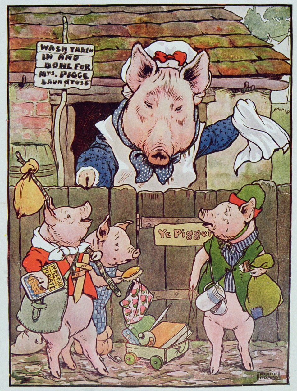 "Hon vände ut dem från stugan för att hitta sitt eget boende", illustration från "De tre små grisarna" publicerad på 1930-talet (lito i färg) av Frank Adams