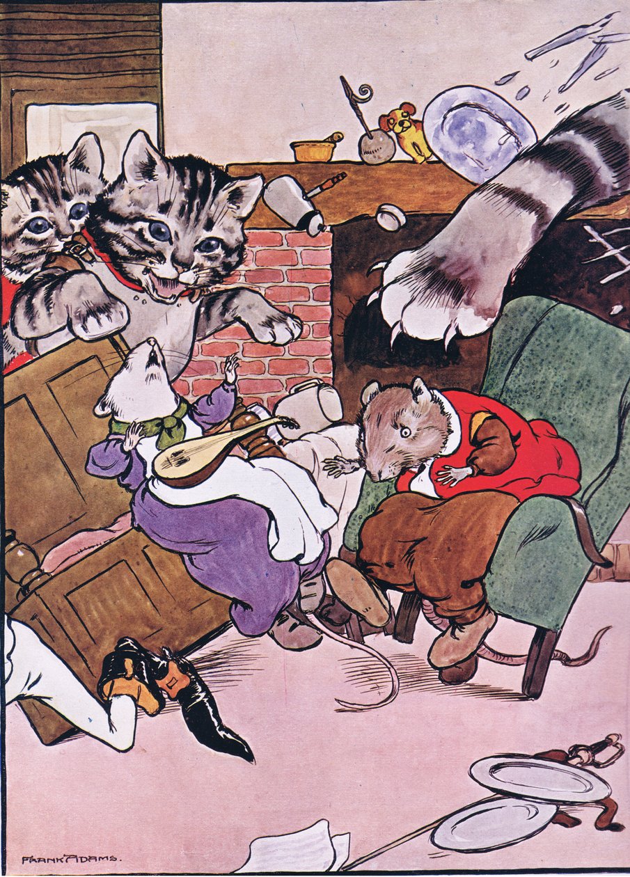 Katten och hennes kattungar kom tumlande in, illustration från "The Frog would a Wooing Go", av Charles H. Bennett, 1916 av Frank Adams
