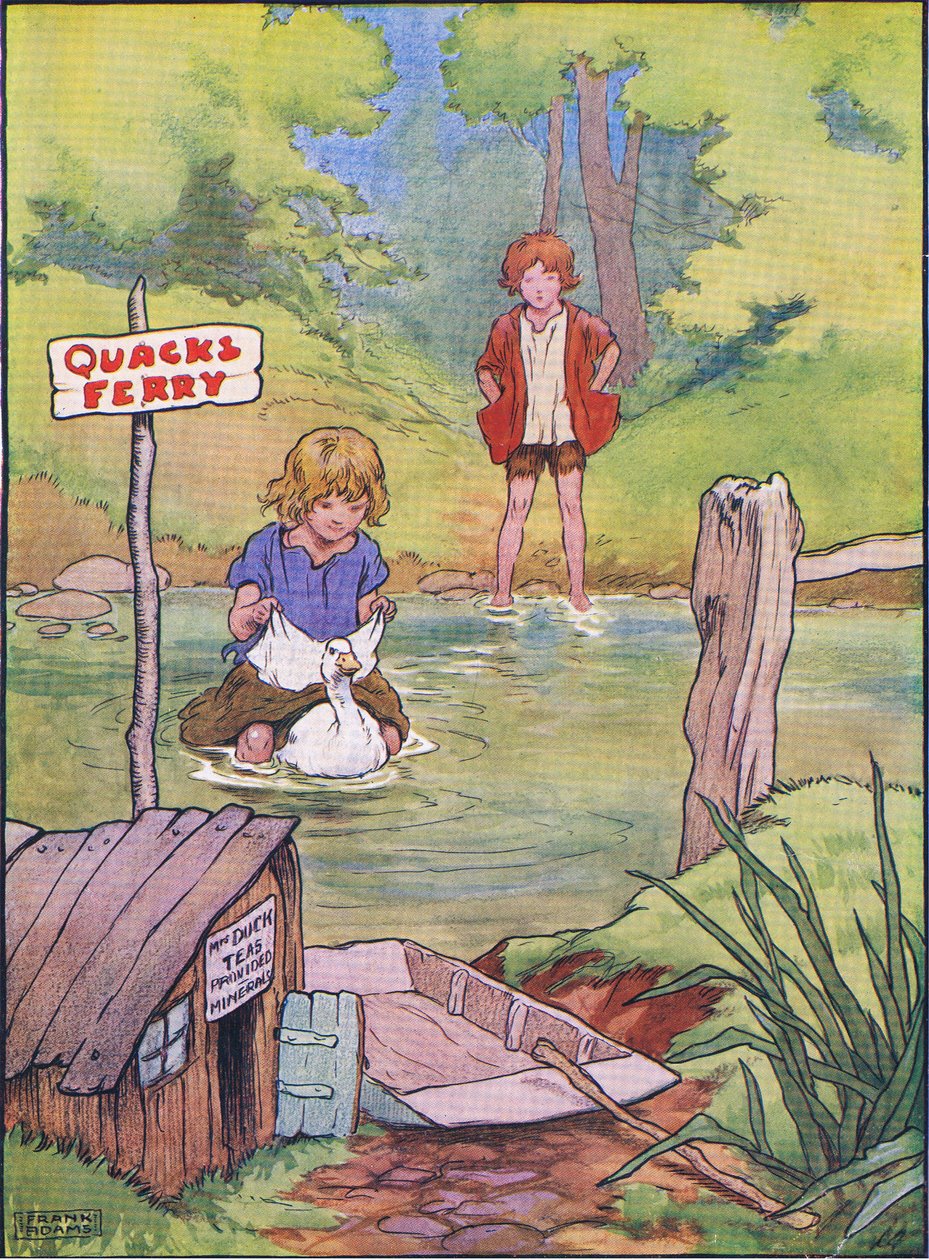 Ankan tog över dem en i taget på hennes rygg, från Hansel and Gretel publicerad av Blackie & Son Limited, ca 1940 av Frank Adams