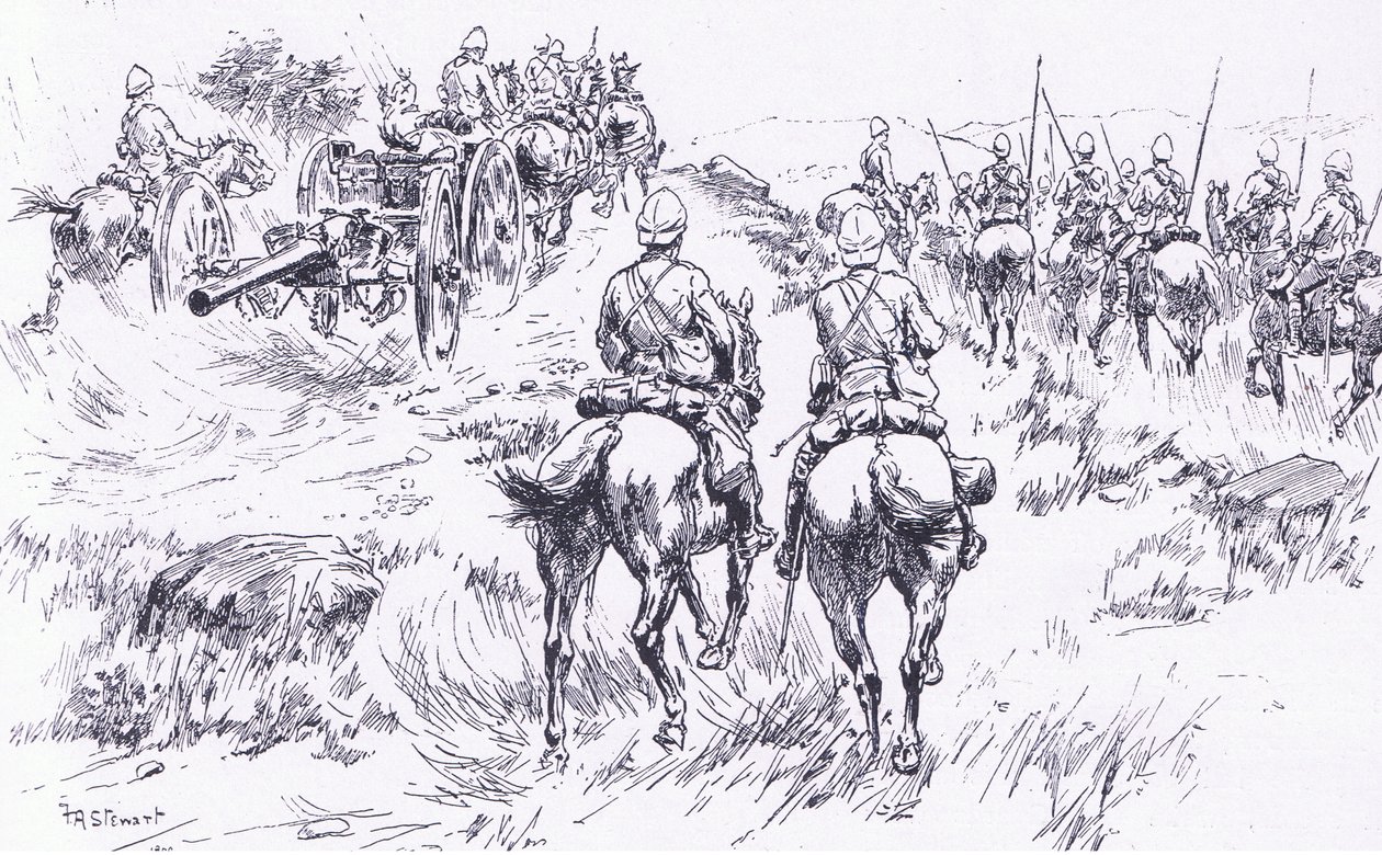 Bullers kavalleri och artilleri på frammarsch mot Bergendal, illustration från After Pretoria: The Guerilla War, 1902 av Frank Algenon Stewart