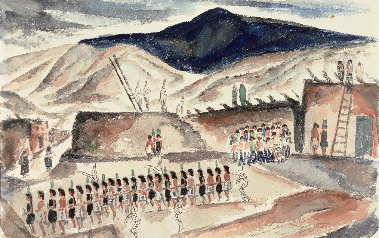 Green Corn Dance, Santa Domingo, N.M., före 1932 (wc på papper) av Frank Applegate