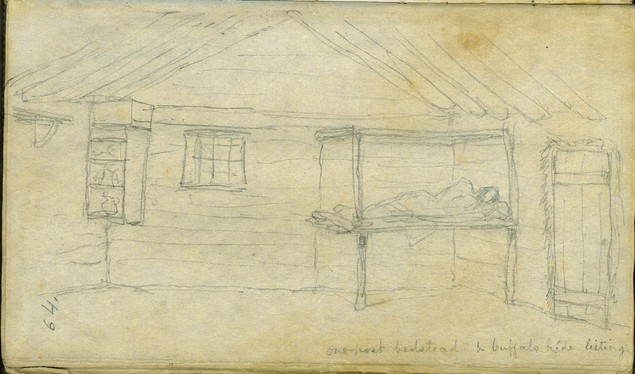 Enstolps sänggavel och buffelskinn, 1851 av Frank Blackwell Mayer