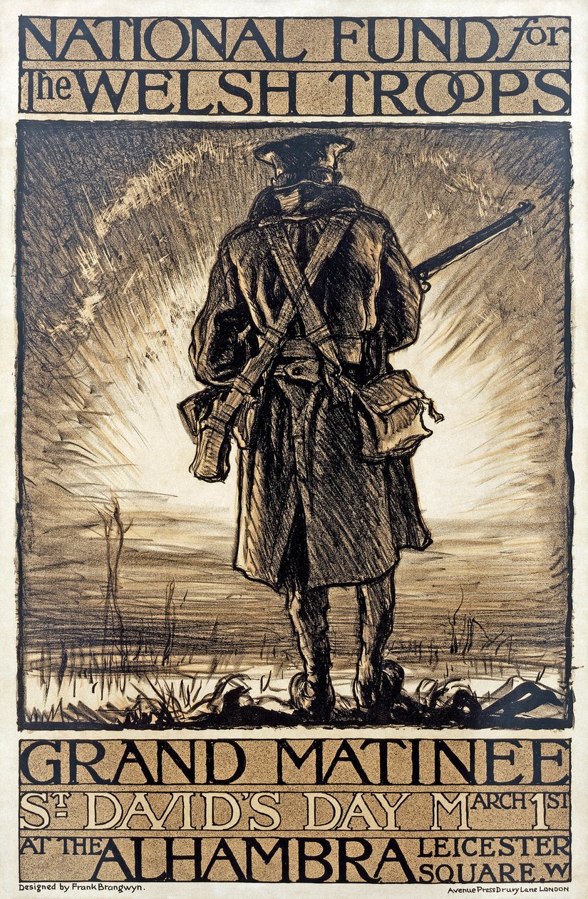 Affisch som annonserar ett insamlingsevenemang för den nationella fonden för de walesiska trupperna, 1 mars 1915, av Frank Brangwyn