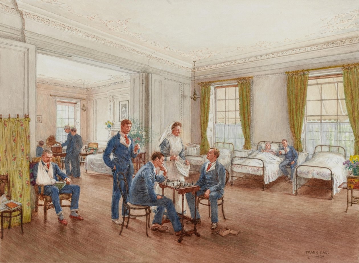 Konvalescerande soldater som spelar schack på en avdelning på Sulhampstead House Hospital, Berkshire, ca 1918 (wc på papper) av Frank Dadd