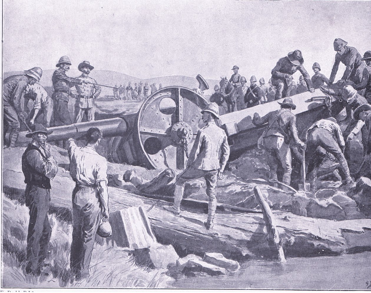 Att få en pistol över en otäck plats, illustration från After Pretoria: The Guerilla War, 1902 av Frank Dadd