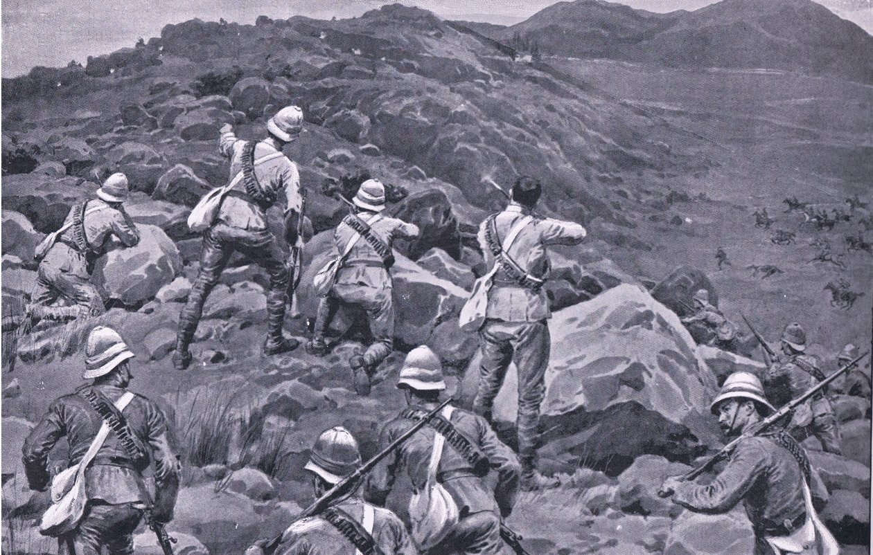 Jakten på De Wets bakvakt i Takesberg, från After Pretoria: The Guerilla War publicerad av Harmsworth Bros Limited av Frank Dadd