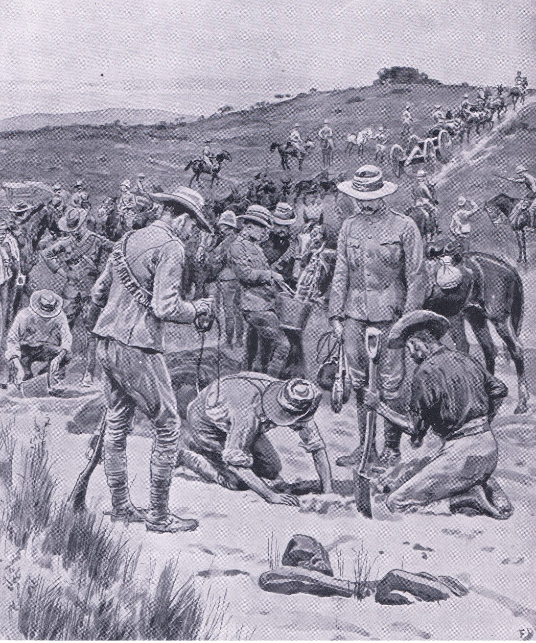 Searching for water, från After Pretoria: The Guerilla War publicerad av Harmsworth Bros Limited, 1901 av Frank Dadd
