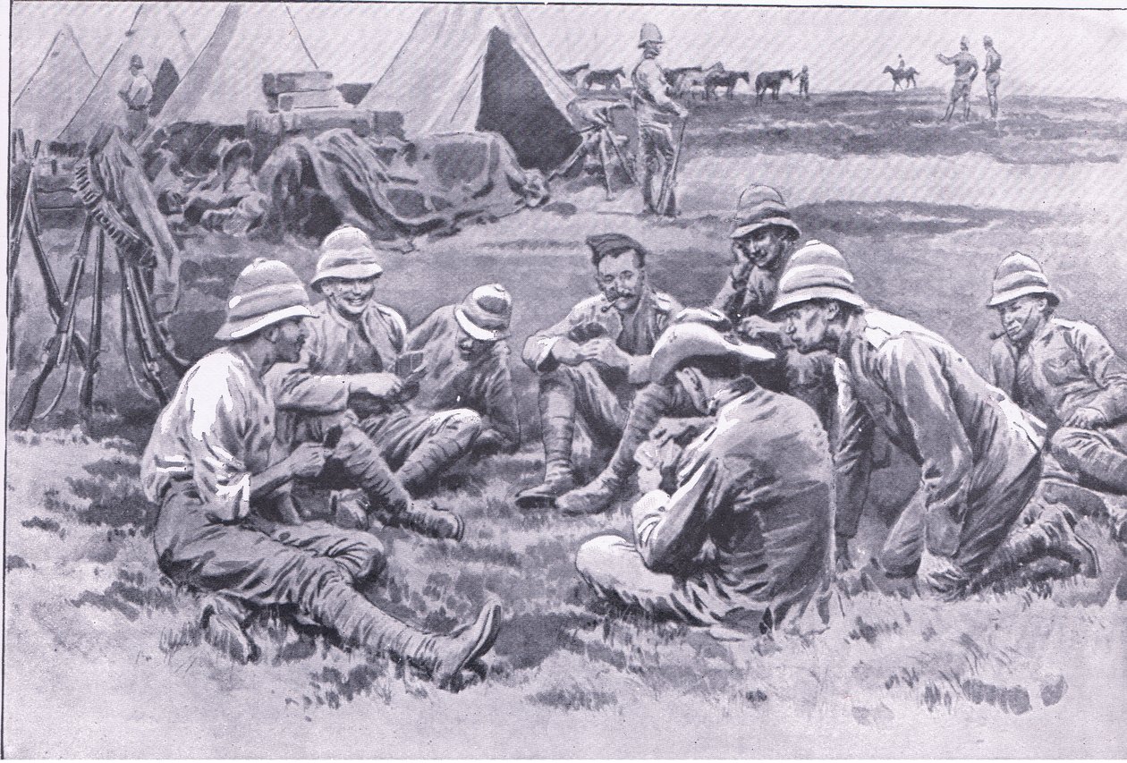 Trötta soldater som njuter av vila, från After Pretoria: The Guerilla War publicerad av Harmsworth Bros Limited, 1901 av Frank Dadd