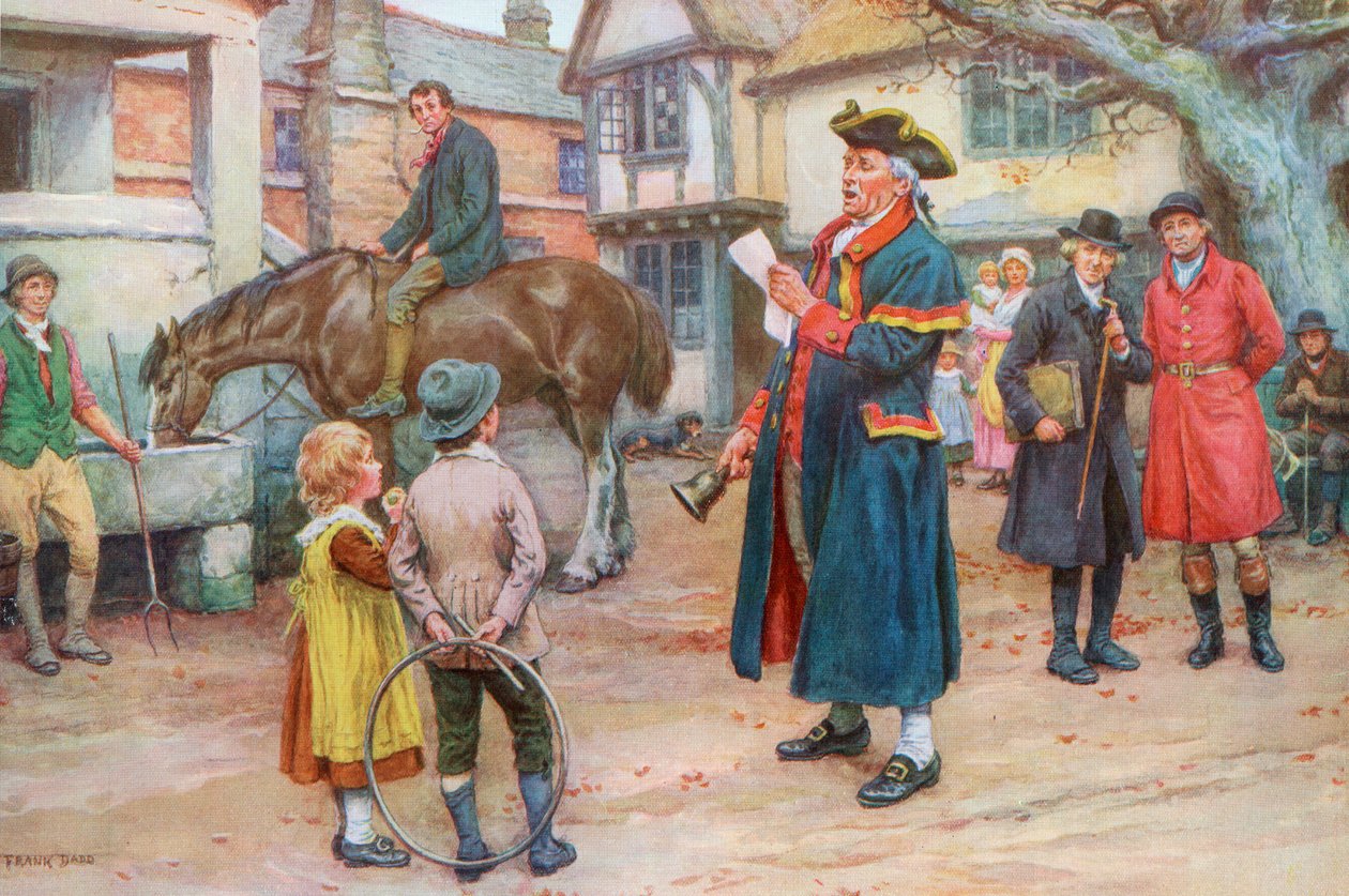 Town crier läser nyheterna, ca 1925 (screenprint) av Frank Dadd