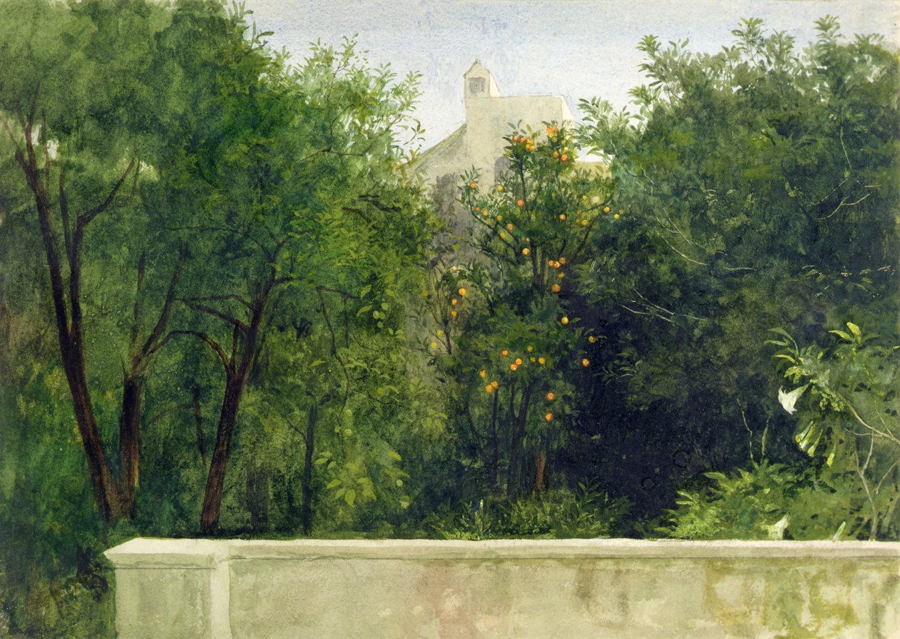En italiensk trädgård (akvarell) av Frank Dicksee