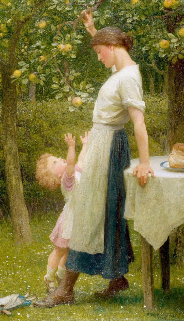"Evas döttrar En liten flicka försöker fånga ett äpple på en gren. Akvarell av Frank Dicksee (1853-1928) 1925 Privat samling av Frank Dicksee
