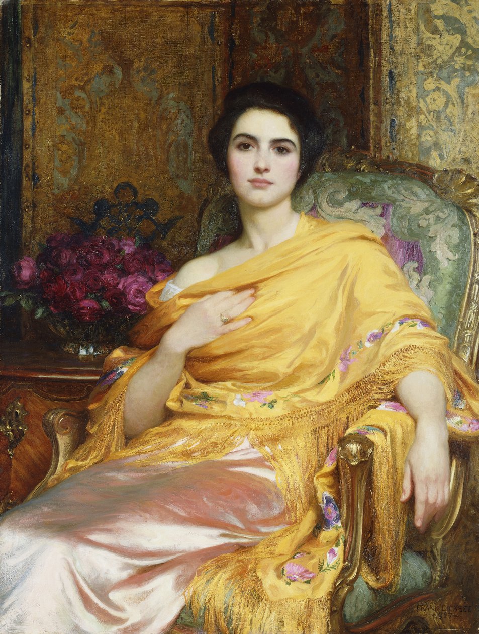Porträtt av Elsa, dotter till William Hall, trekvartslängd, sittande iklädd en rosa klänning och gul omlott, 1927 av Frank Dicksee