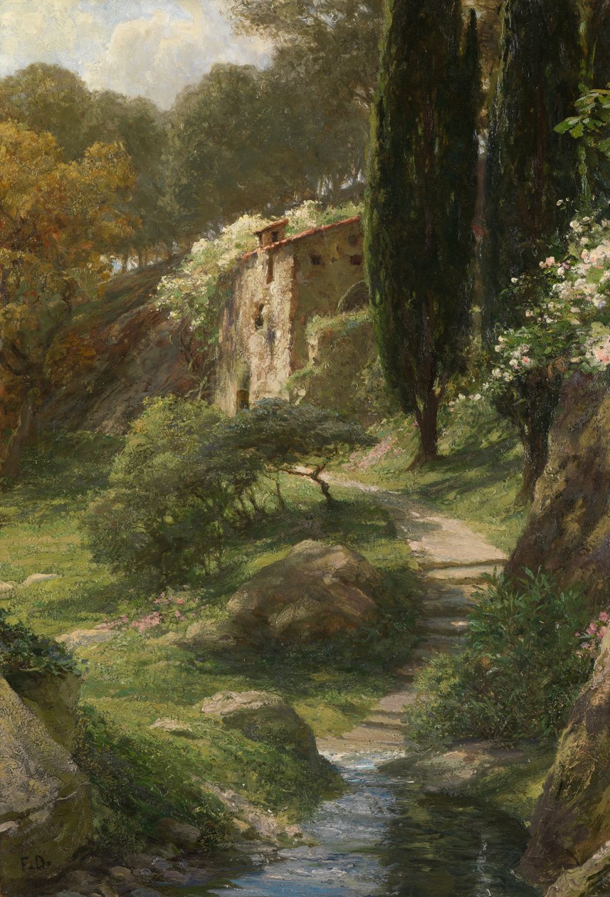 The Old Mill at La Mortola (Olja på panel) av Frank Dicksee