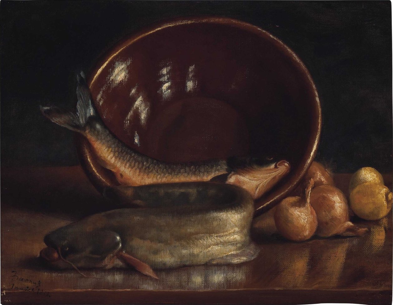 Stilleben med fisk av Frank Duveneck