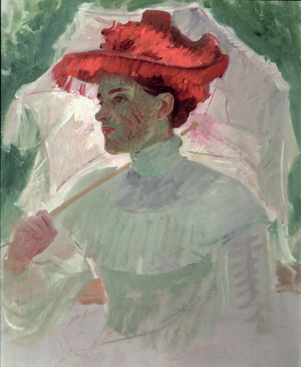 Kvinna med röd hatt och parasoll av Frank Duveneck