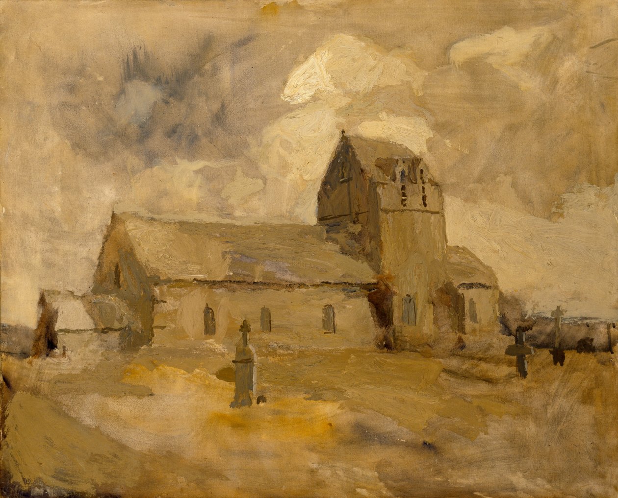 Bykyrka och kyrkogård, Bretagne, n.d. av Frank Edwin Scott