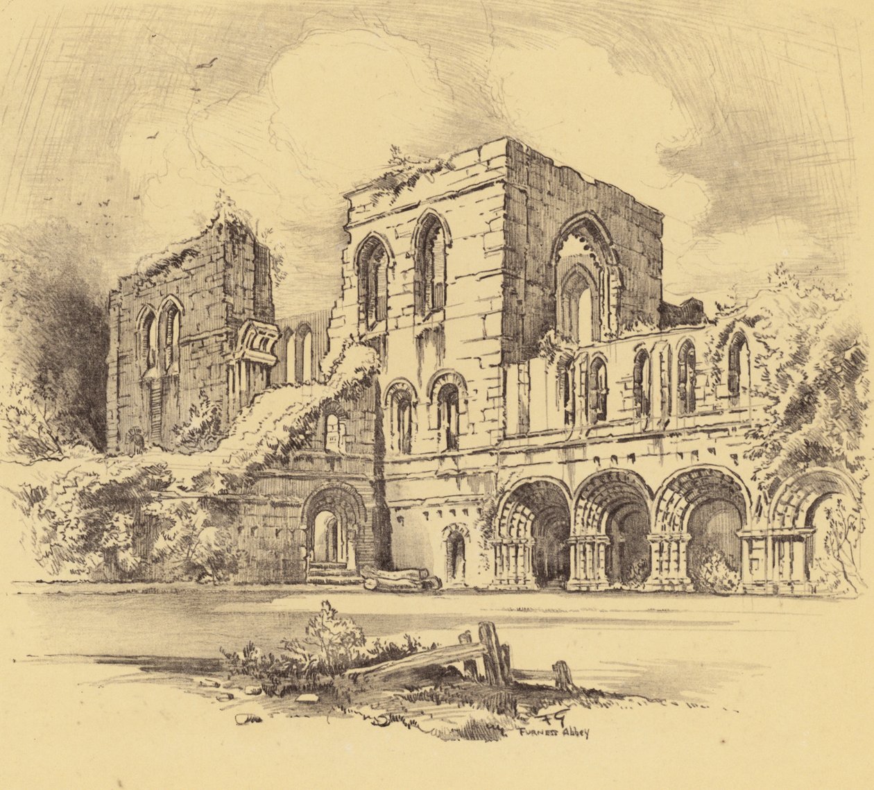 Furness Abbey (litografi) av Frank Greenwood