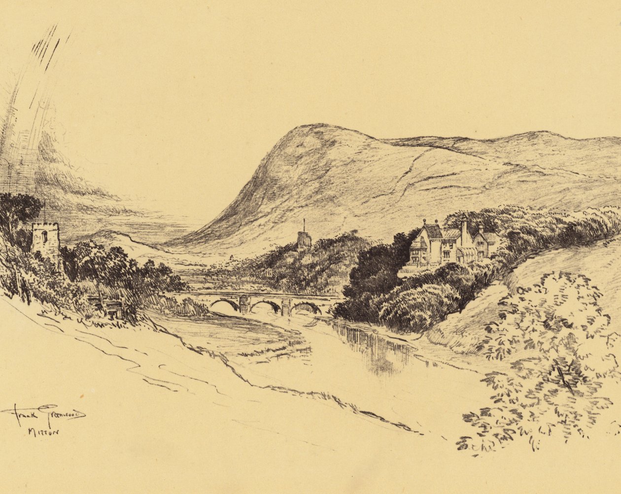 Ribblesdale och Pendle Hill (litografi) av Frank Greenwood