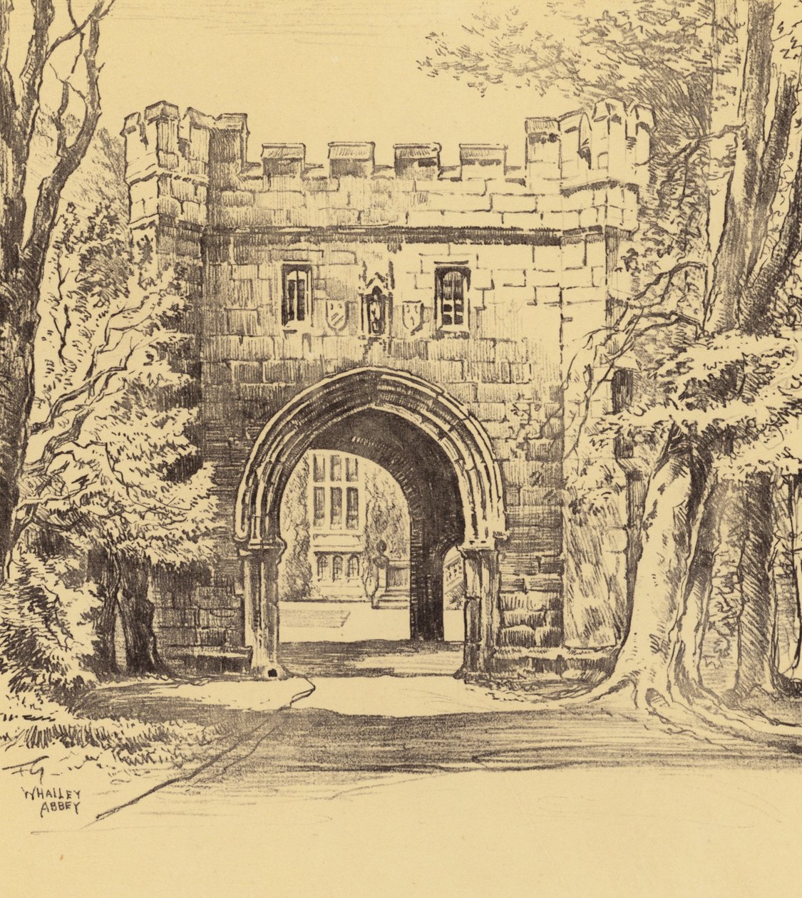 Whalley Abbey, Den nordöstra porten (litografi) av Frank Greenwood