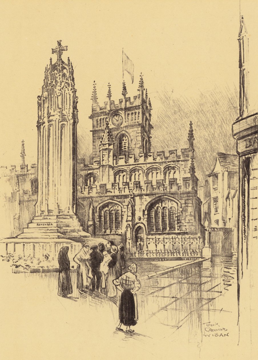 Wigan, minnesmärket och kyrkan (litografi) av Frank Greenwood